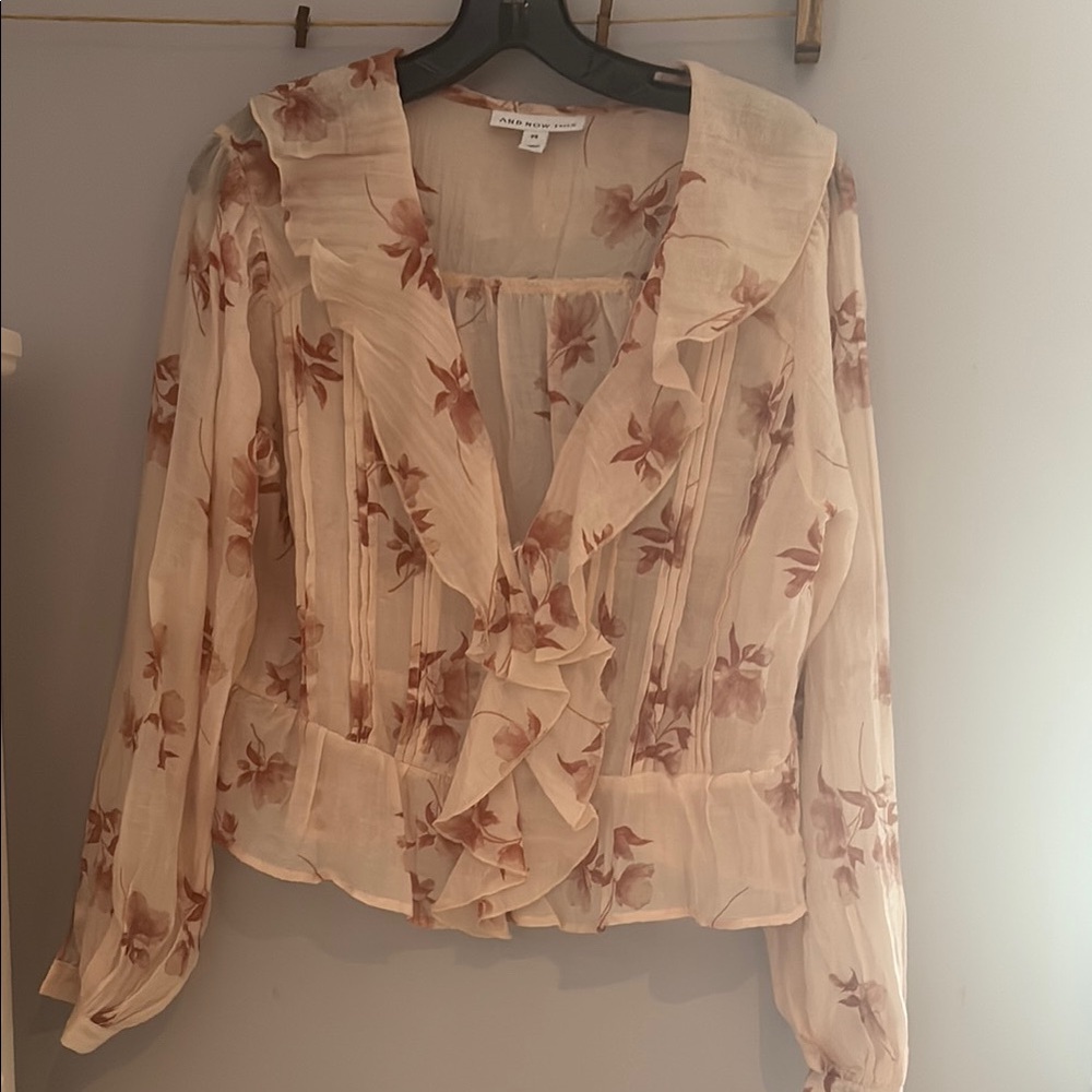 Zara Cream and Brown Blouse with Elegant Ruffles